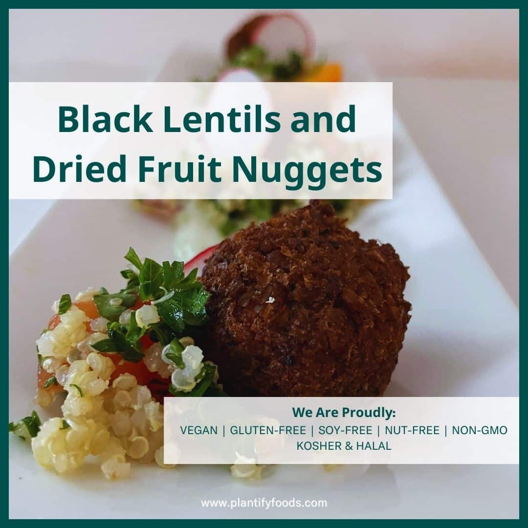 Plated black lentils and dried fruit veggie nuggets